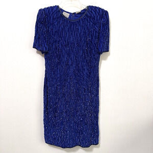 Stenay Sequin Dress 12 Blue Short Sleeve Party 80s Vintage Party Cocktail Formal